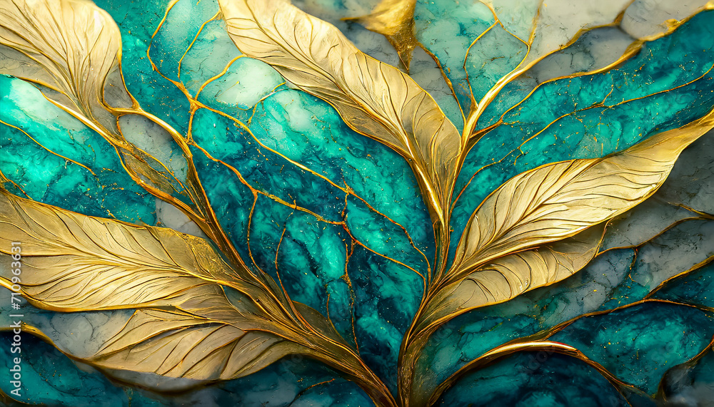 Magnifiques feuilles d'or avec texture d'arrière-plan marbré de couleur turquoise - obrazy, fototapety, plakaty 