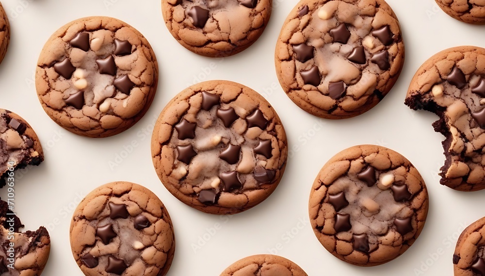 Chocolate cookies of different sizes, some bited, on a light cream like brown background Chocolate cookies of different sizes, some bited, on a light cream like brown background