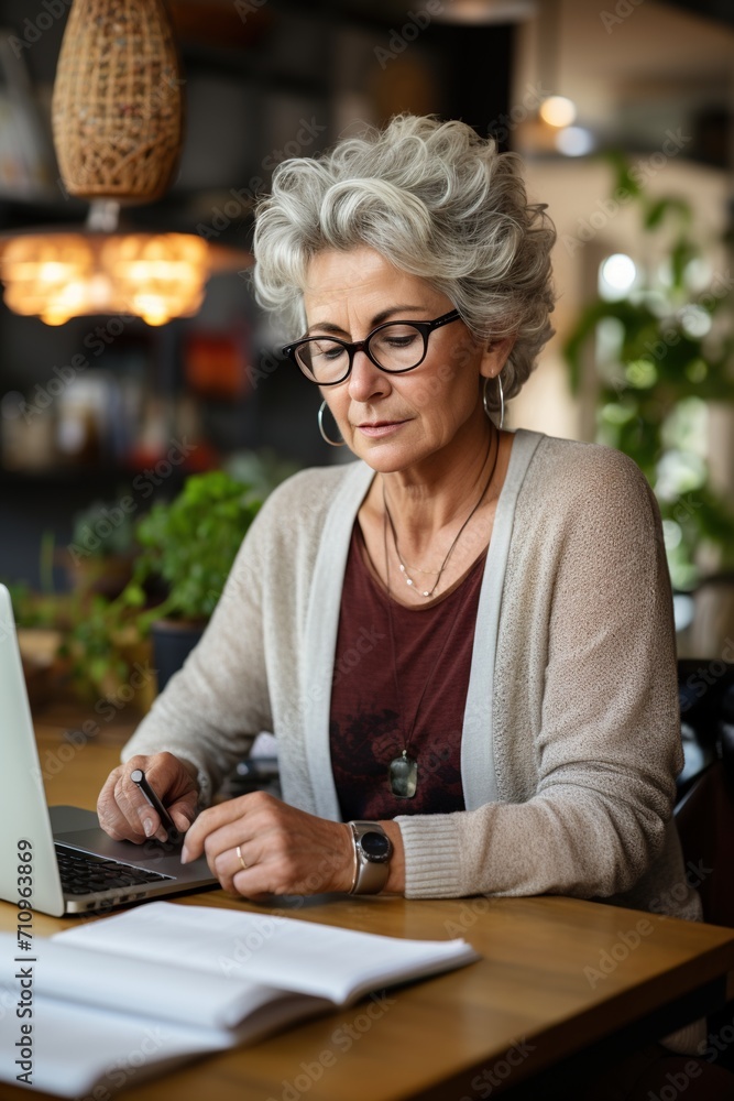 Focused senior businesswoman working on laptop in cafe Focused senior businesswoman working on laptop in cafe