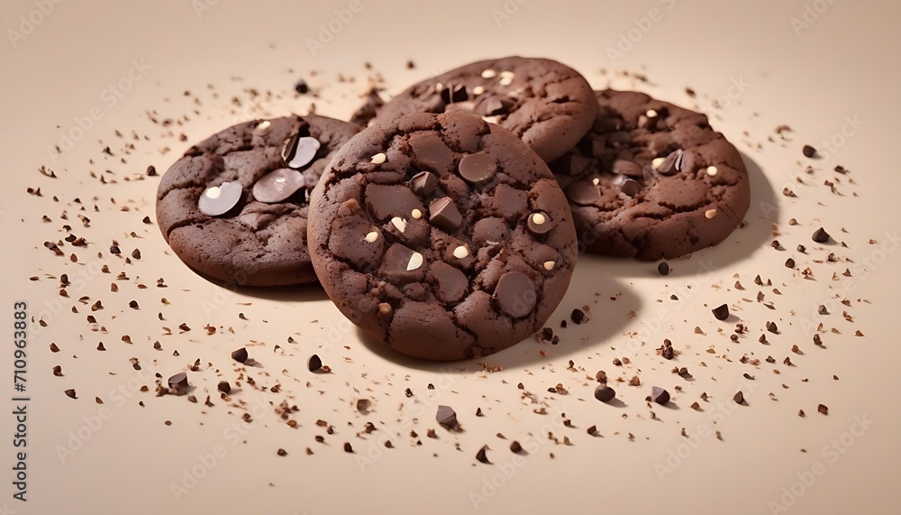 Fototapeta premium Dark chocolate chip cookies with white chocolate chips on them, cocoa around them, warm cream like brown background 