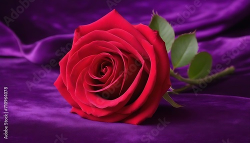 Scarlet red rose macro close-up on purple silk drapery background 