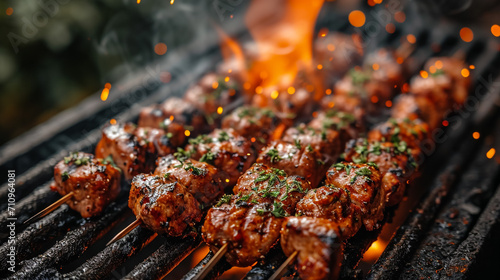 Assorted delicious grilled meat and bratwurst with vegetables over the coals on a barbecue