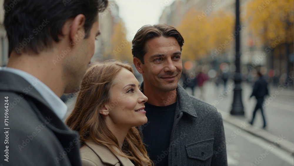 People looking at each other with love in the middle of the street People looking at each other with love in the middle of the street