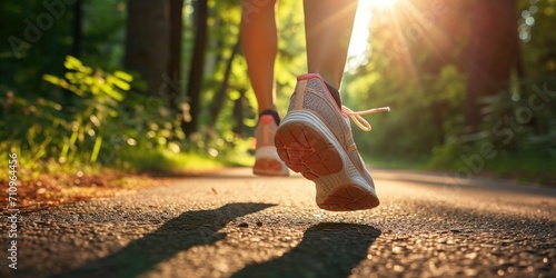 Female runner's shoes on an asphalt road, sunny morning photo