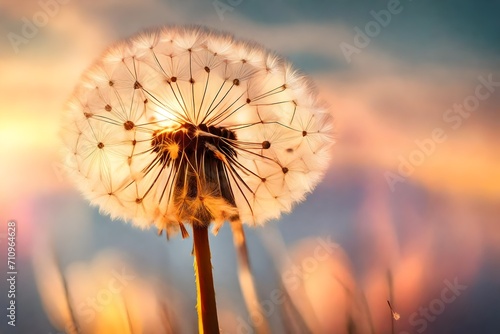 A dandelion releases its wishes into a sunset breeze  surrounded by a pastel sky and a gentle neon aura.