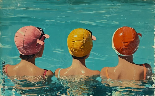 Three women with colorful vintage swim caps in a pool