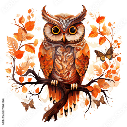 Orange-Braune Boho Eule mit Schmetterling - Blumen - Ast - Illustration, Tattoo, Poster, Print, Digistamp, Druck, Clipart AI001-13