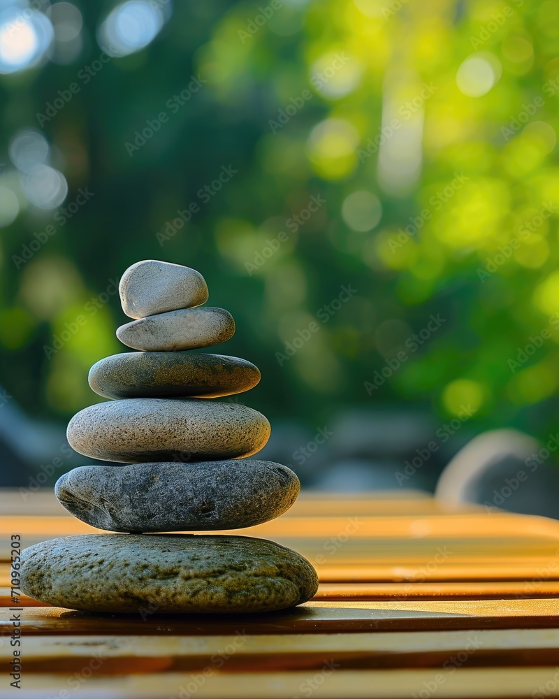 Obraz premium Several rocks stacked and balanced on a wooden deck