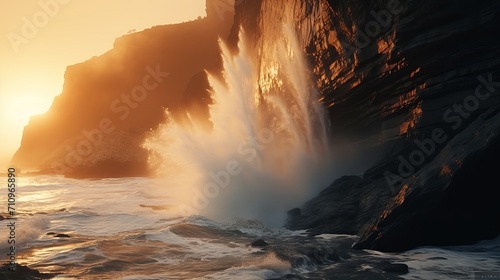 A darkening coastline cliff is the scene of a nature wave crashing.