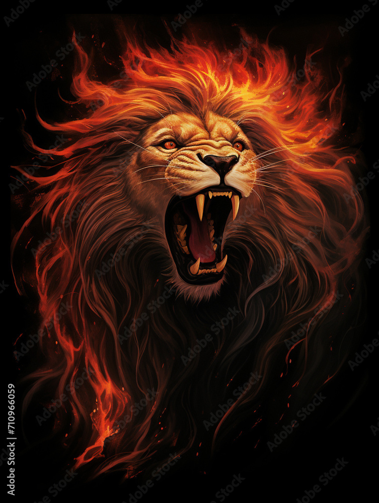 Naklejka premium An image of a lion roaring, its mane made up of flames, in the style of symbolic realism created with Generative Ai