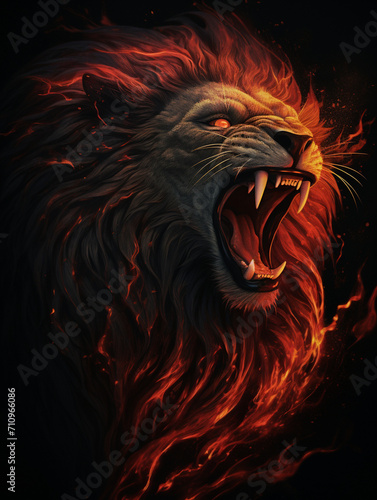 An image of a lion roaring, its mane made up of flames, in the style of symbolic realism created with Generative Ai © Andrii Yablonskyi