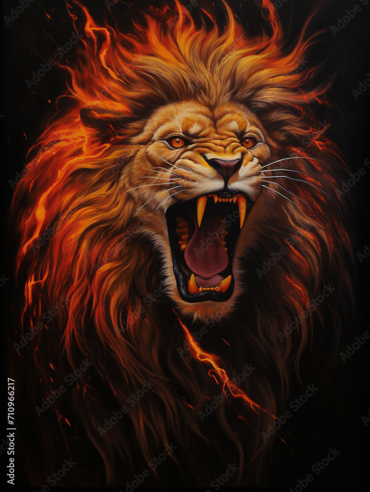 Naklejka premium An image of a lion roaring, its mane made up of flames, in the style of symbolic realism created with Generative Ai