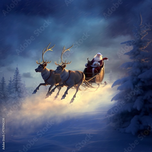 Santa Claus flying through the snowy night sky in his sleigh with reindeer