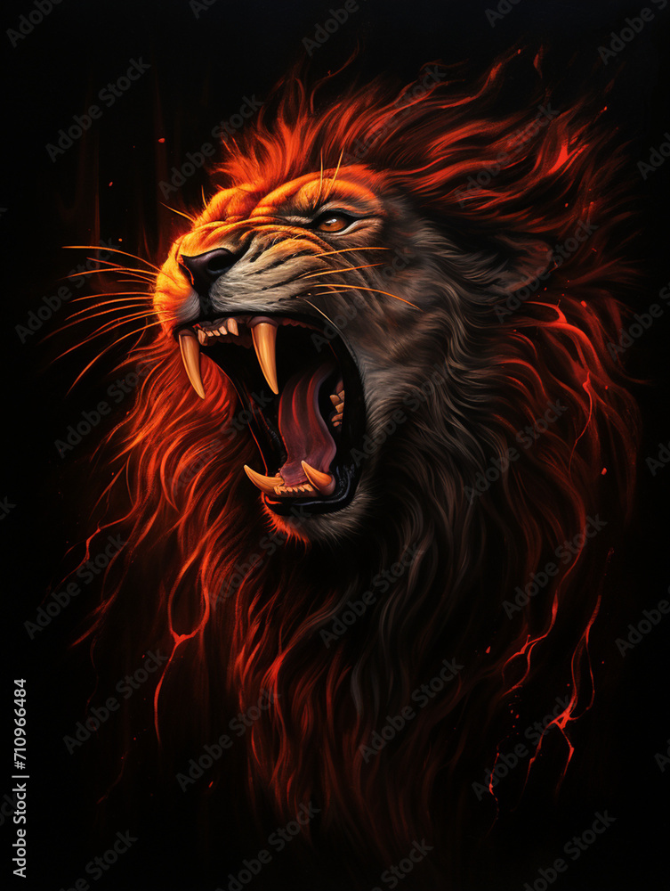 Fototapeta premium An image of a lion roaring, its mane made up of flames, in the style of symbolic realism created with Generative Ai