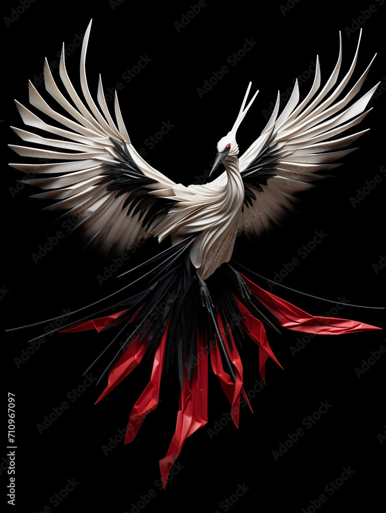 Fototapeta premium An origami crane mid-flight, morphing into real birds, in the style of transformational art created with Generative Ai