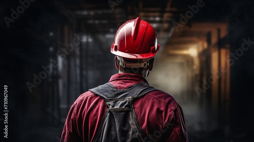 A man wearing a red helmet is carrying a brick. © Ruslan