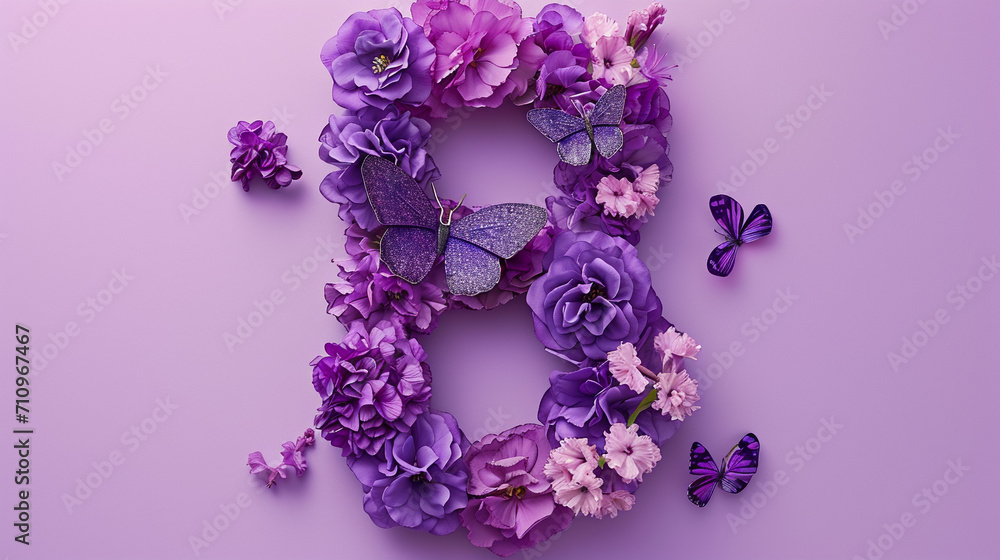 A wreath of purple flowers and butterflies, composed in the form of the number eight, in the style of pastel colors, for Women's Day