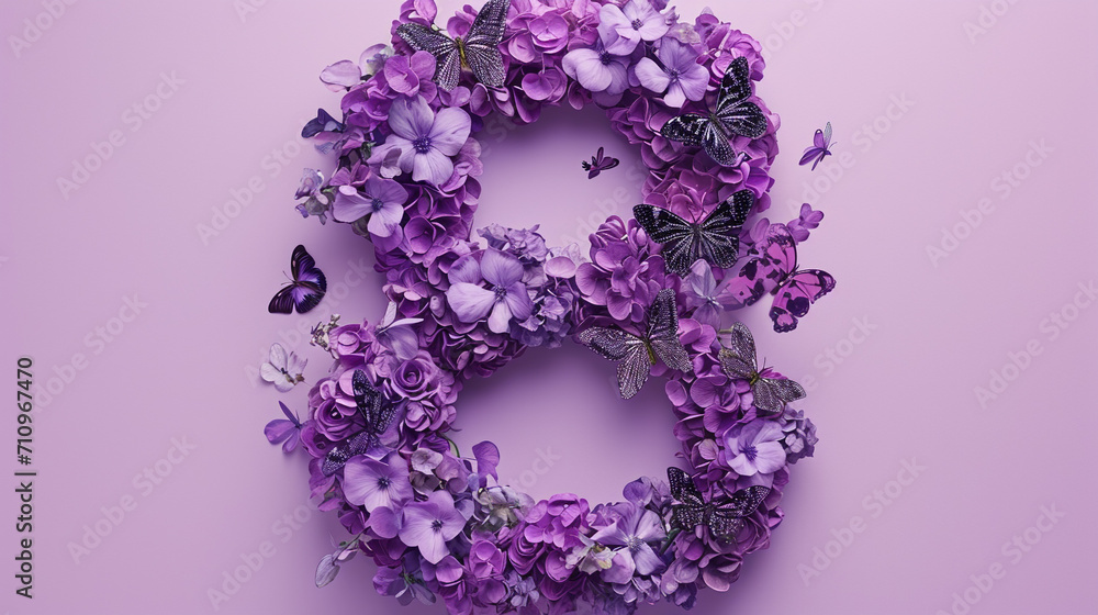 A wreath of purple flowers and butterflies, composed in the form of the number eight, in the style of pastel colors, for Women's Day