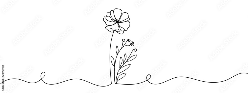 Hand drawn flower continuous. Spring flower with leaves. Botanical decorative drawing element. Vector illustartion - obrazy, fototapety, plakaty 