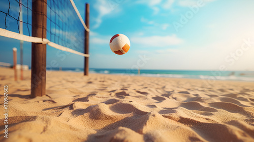 A volleyball court on a sandy beach with people in the background. Generative AI,volleyball resting near a net, beach in the background
