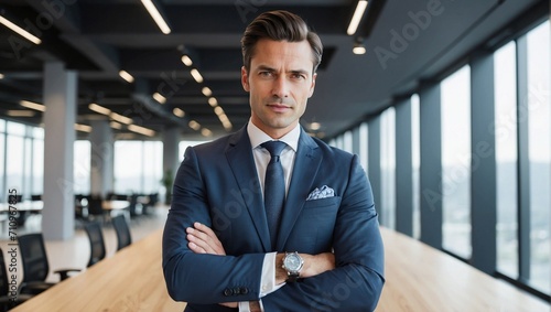 A very handsome man in his 30s standing in a suit in a corporate company with his arms crossed