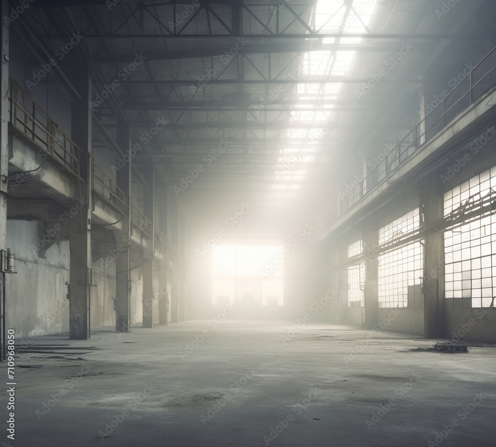 An empty factory building with large windows