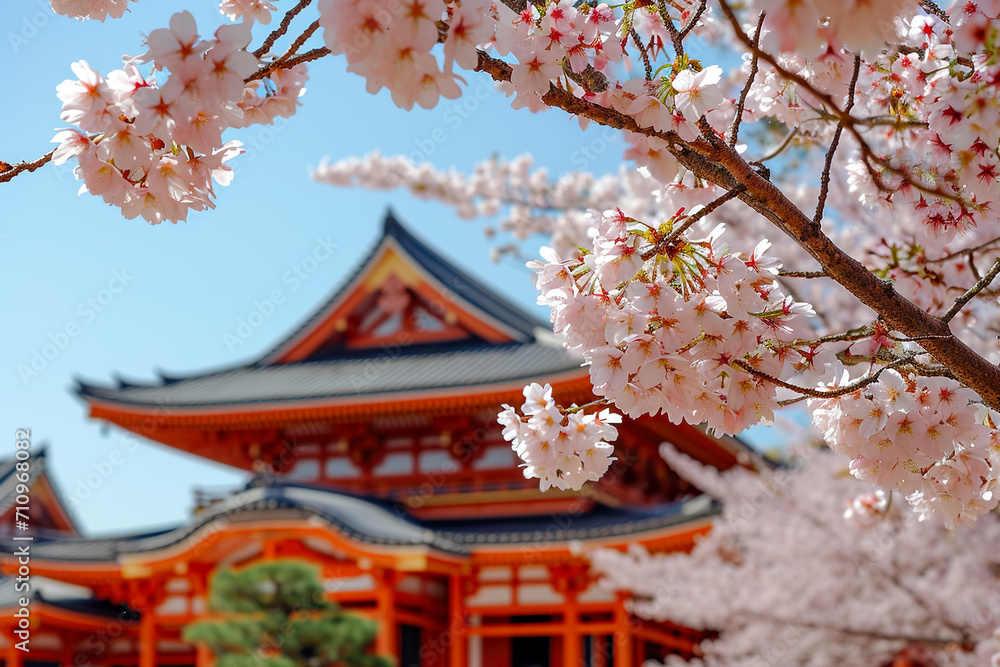 Japanese temple with a cherry blossom tree in the foreground