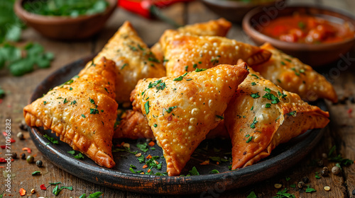 Fried samosas with vegetable filling  popular Indian snacks on wooden board