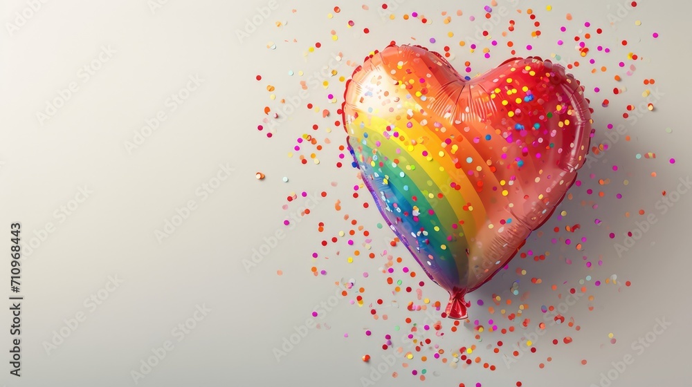 Generative AI, Foil LGBT rainbow flag colors balloons in heart shape and confetti for Valentine's day or wedding with copy space	
