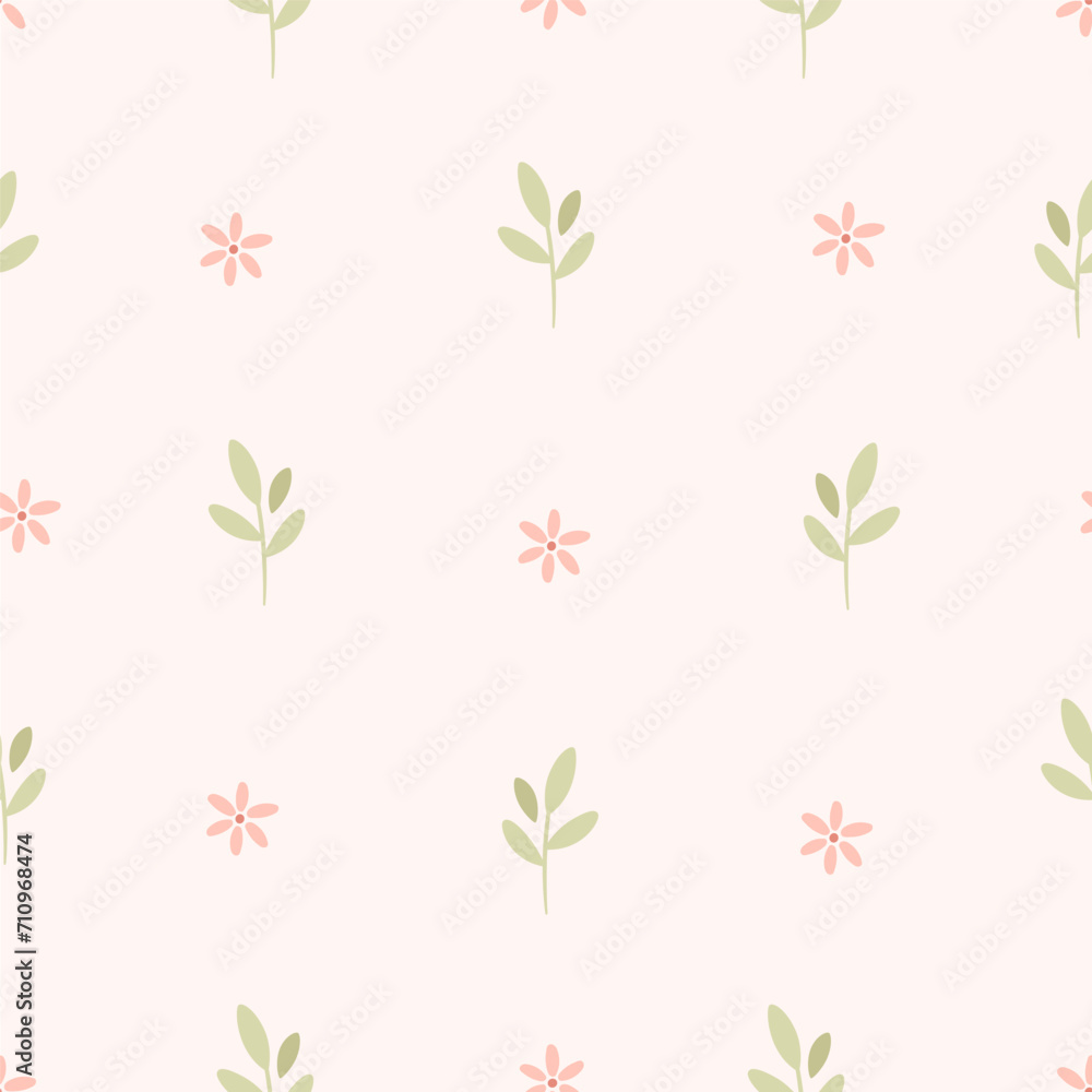 Gentle seamless pattern with small sprout and flowers. Nursery minimalist print. Printing on textiles, wallpaper, wrapping paper. Vector illustration in flat style Gentle seamless pattern with small sprout and flowers. Nursery minimalist print. Printing on textiles, wallpaper, wrapping paper. Vector illustration in flat style