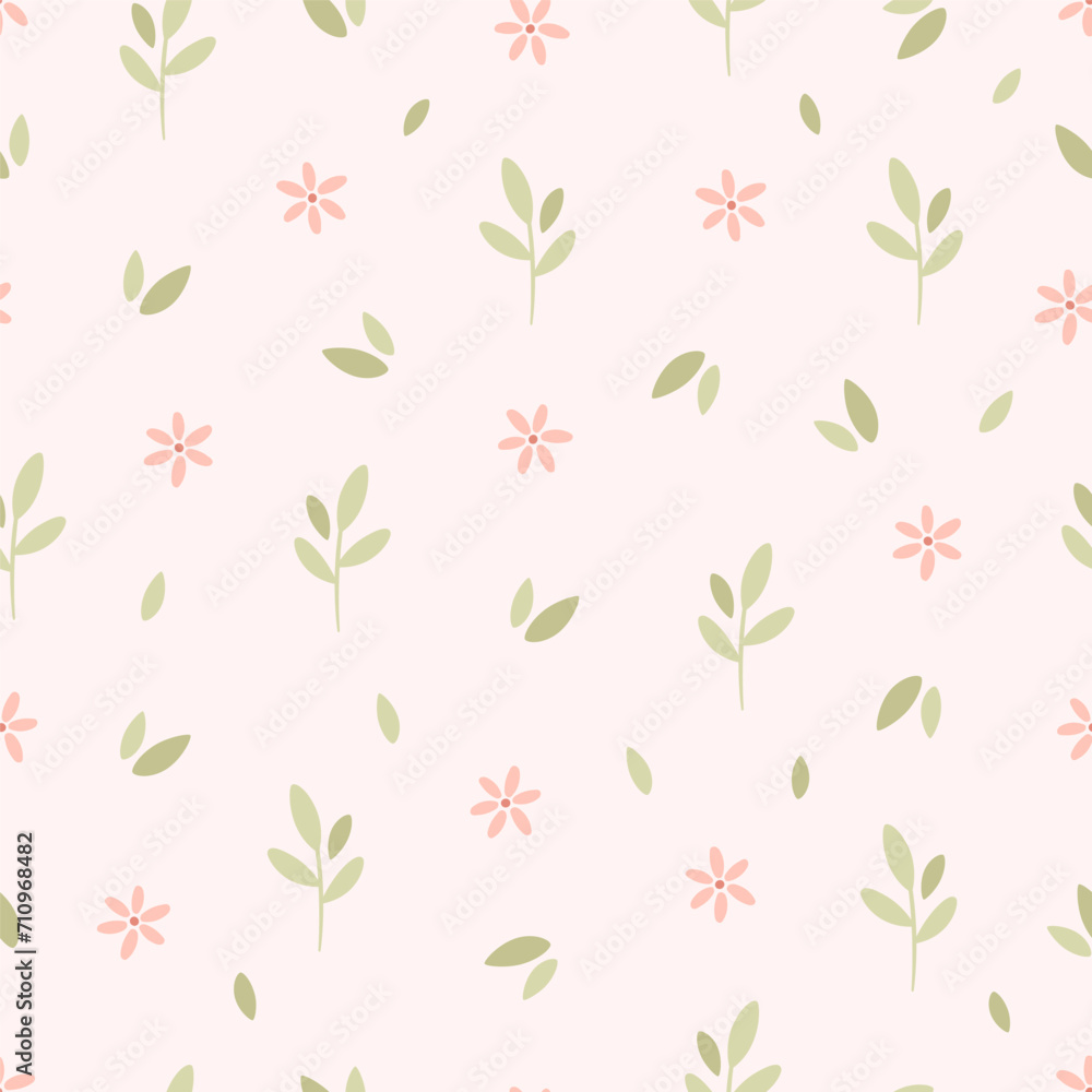 Gentle seamless pattern with small sprout and flowers. Nursery minimalist print. Printing on textiles, wallpaper, wrapping paper. Vector illustration in flat style Gentle seamless pattern with small sprout and flowers. Nursery minimalist print. Printing on textiles, wallpaper, wrapping paper. Vector illustration in flat style