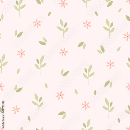 Gentle seamless pattern with small sprout and flowers. Nursery minimalist print. Printing on textiles, wallpaper, wrapping paper. Vector illustration in flat style