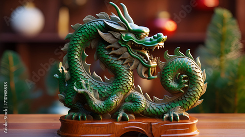 a figurine of a chinese dragon standing on a table The fabulous green wooden dragon is symbol of 2024 New Year. A cute green dragon is sitting next to a Christmas tree with gifts. 