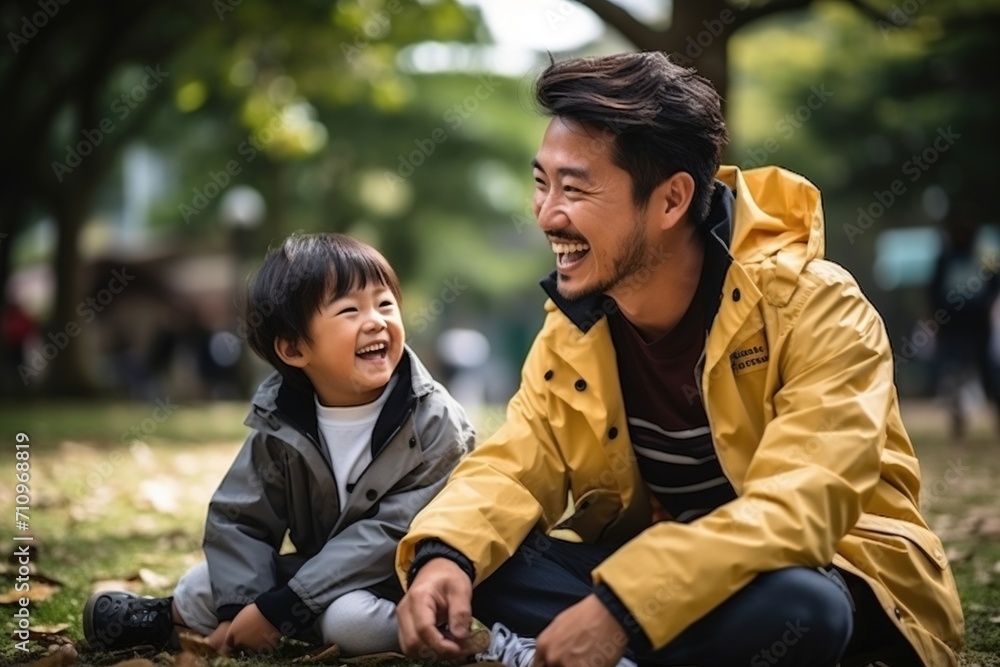 Fototapeta premium Happy Asian Father and Son Playing in the Park
