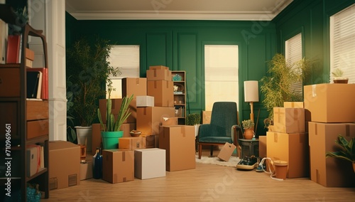 A living room full of moving boxes photo