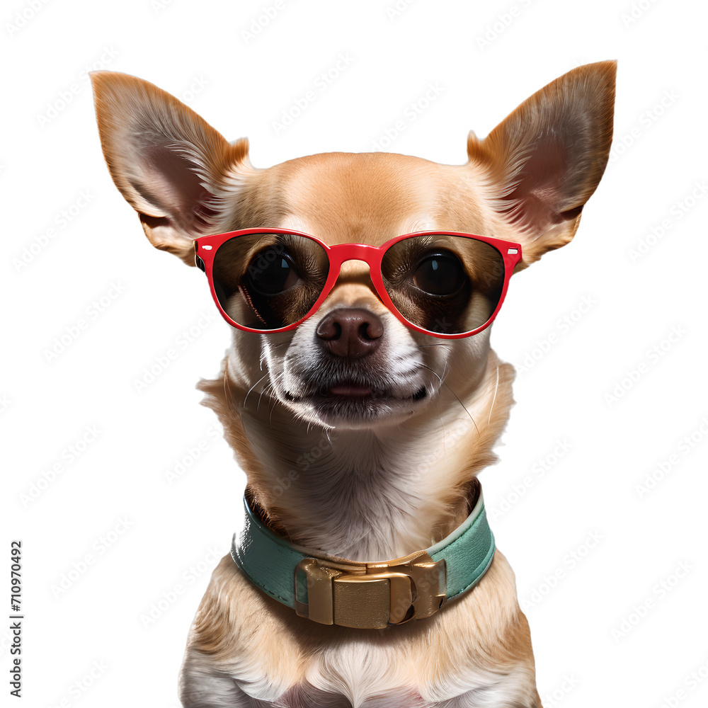 Chihuahua dog wearing cool sunglasses for summer travel on white or transparent background Generative AI