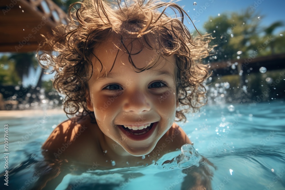 Ecstatic curly-haired kid swimming in the pool Ecstatic curly-haired kid swimming in the pool