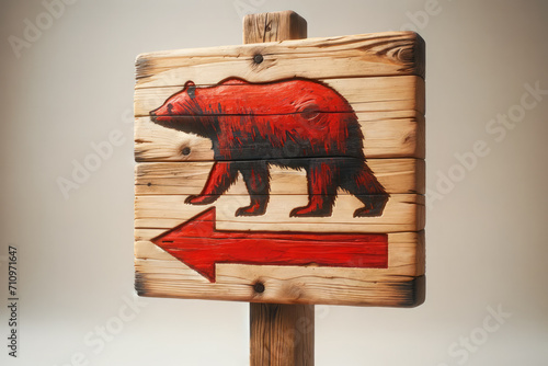 rustic wooden road sign with a red bear painting. Metaphor for the pessimistic direction of the stock market's next crash or coming recession  photo