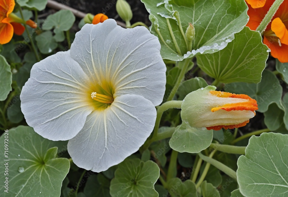 Frozen nasturtium blossoms in the garden. Frozen nasturtium blossoms in the garden.