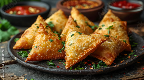 Fried samosas with vegetable filling, popular Indian snacks on wooden board