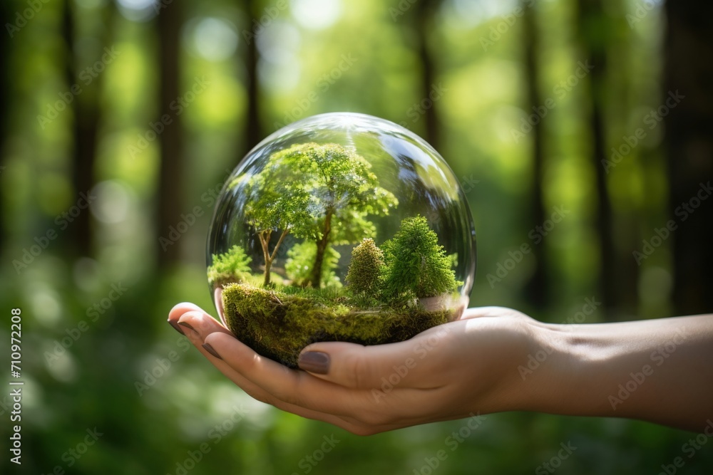 Hand holding a glass sphere with a forest inside Hand holding a glass sphere with a forest inside