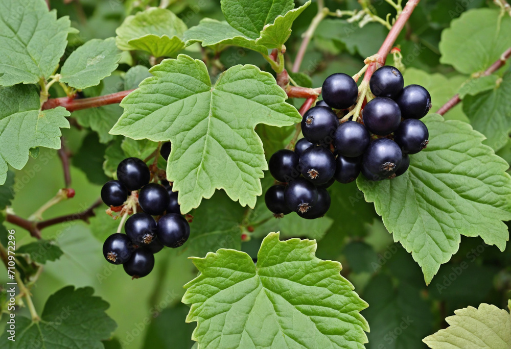 Macro shot of blackcurrant berries on bush Macro shot of blackcurrant berries on bush