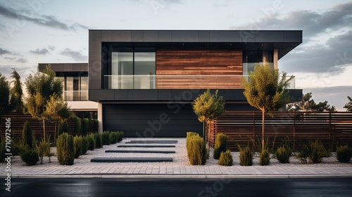 Stunning modern luxury minimalist cubic house with wooden cladding and black panel walls photo