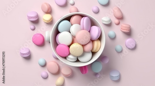 Multi-colored sugar balls in a white bowl on a pastel background. Concept  confectionery for children s parties. Banner with copy space