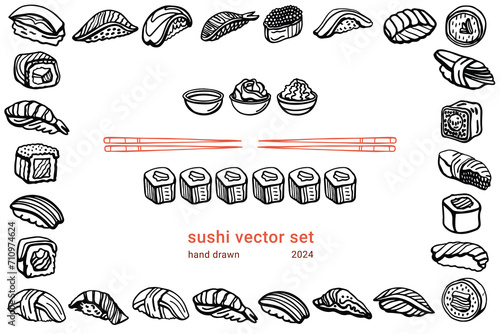 Isolated vector set of Japanese sushi set in hand drawn doodle style on a white background. Wasabi, ginger, soy sauce and sushi sticks.Asian food for restaurants menu.