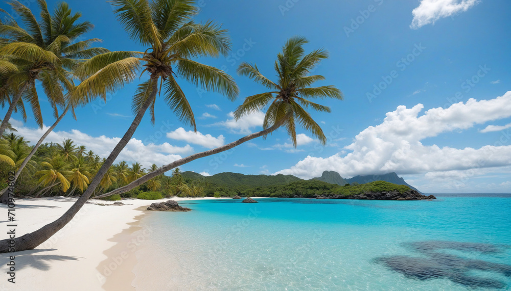 High-Quality Stock Photo of Remote Tropical Beach with Palm Trees, Clear Turquoise Water, and Serene Landscape