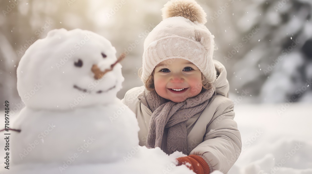 Cute little girl making a snowman on a frosty sunny day. winter activities for children.