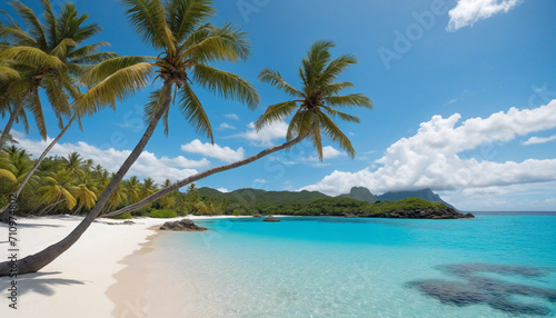 High-Quality Stock Photo of Remote Tropical Beach with Palm Trees  Clear Turquoise Water  and Serene Landscape