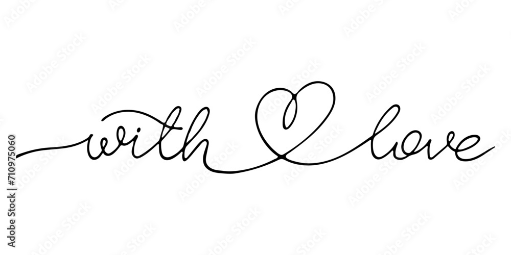 With Love handwritten text. Continuous line drawing. Black Line Hand Drawn Saying Isolated on white. Love feeling emotion concept. Calligraphy lettering for card, invitation, label