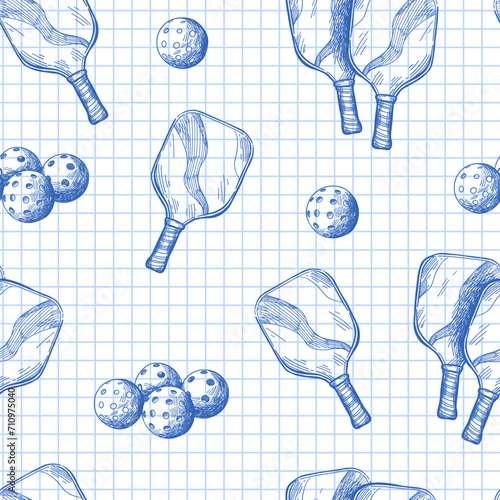 Vector seamless pattern with pickleball equipment on checkered notebook sheet. Background with balls and rackets.
